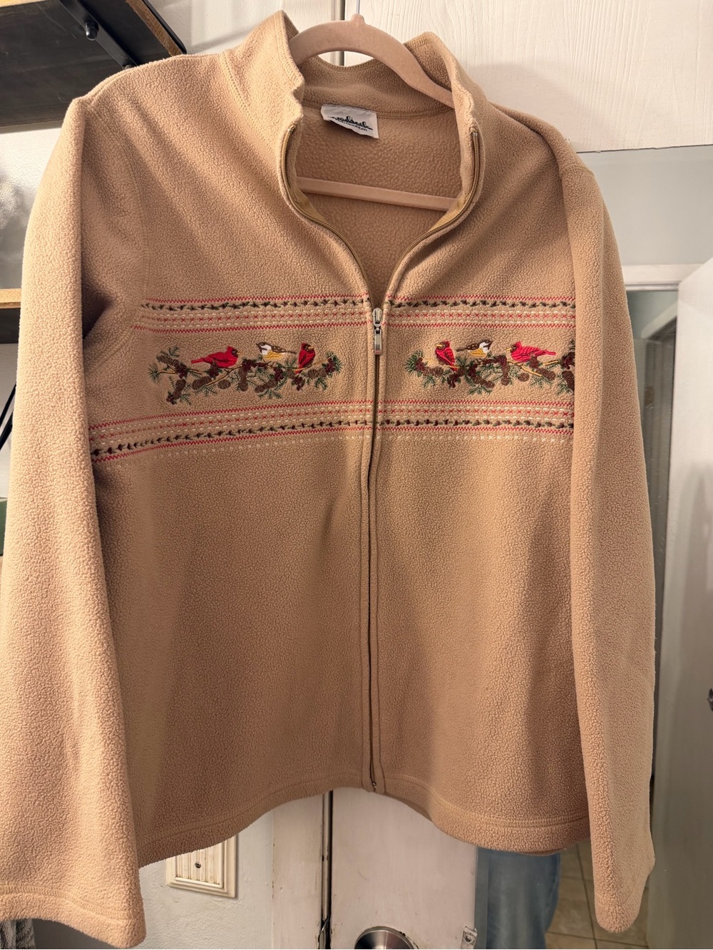 Embroidered Bird Zip-Up Teddy Jacket in Tan
